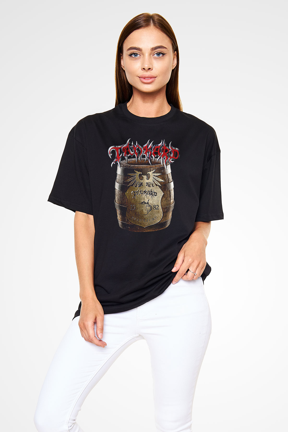Tankard Baskılı Unisex Siyah Oversize Tişört - Tshirt