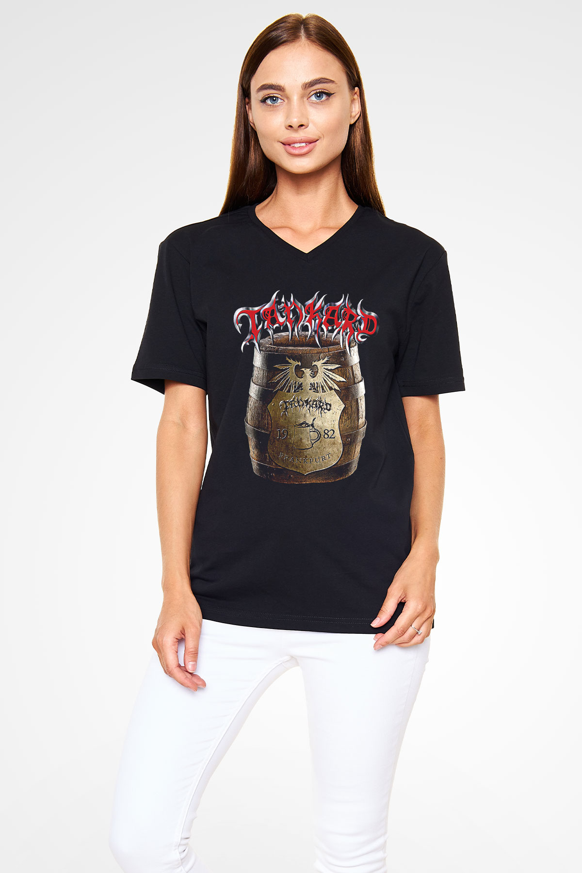 Tankard Baskılı Unisex Siyah V Yaka Tişört - Tshirt
