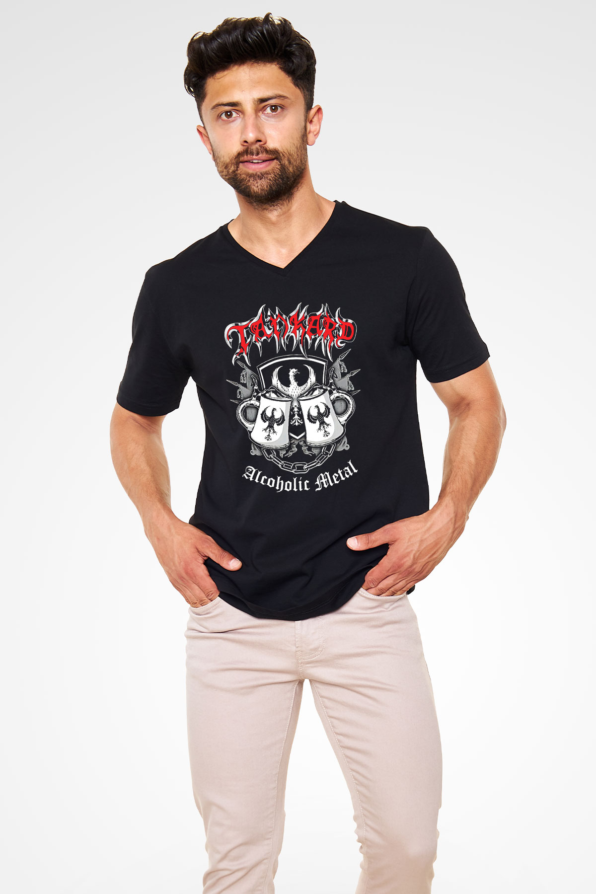 Tankard Baskılı Unisex Siyah V Yaka Tişört - Tshirt