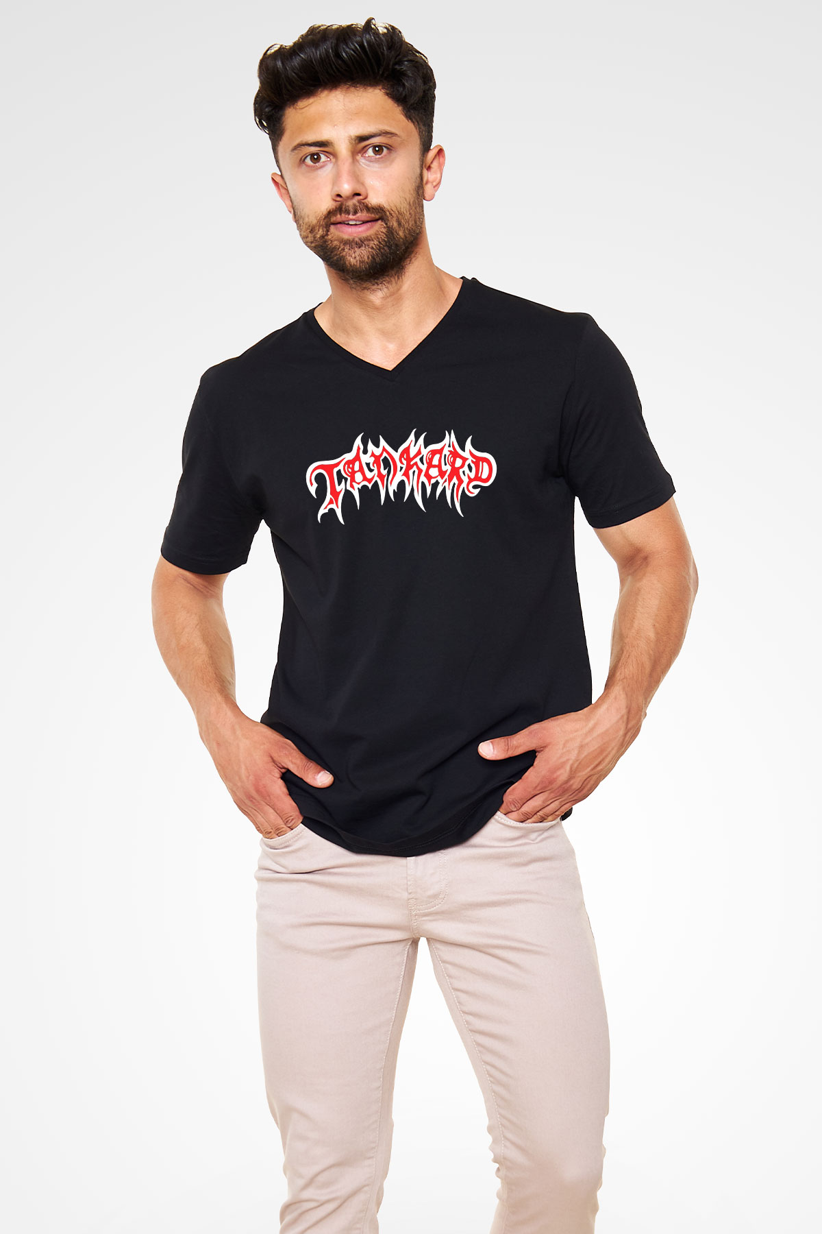 Tankard Baskılı Unisex Siyah V Yaka Tişört - Tshirt