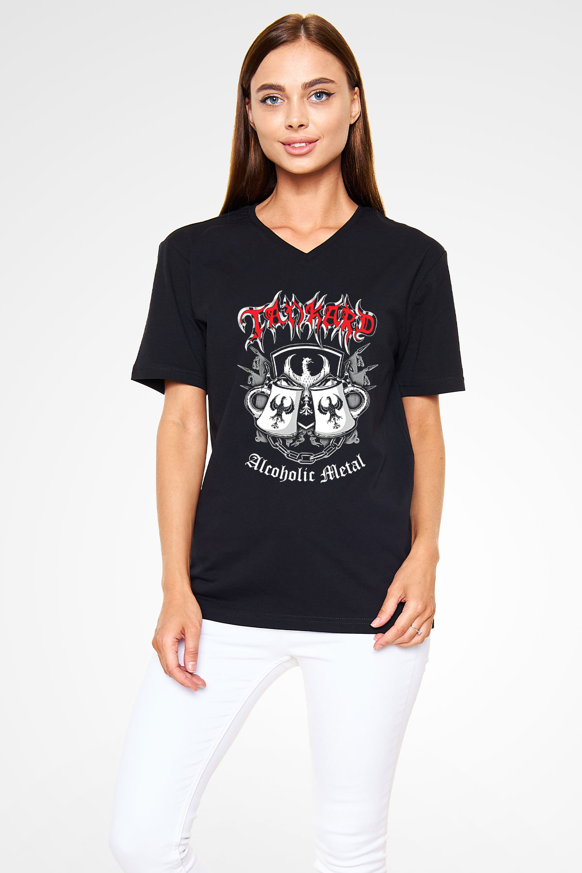Tankard Baskılı Unisex Siyah V Yaka Tişört - Tshirt