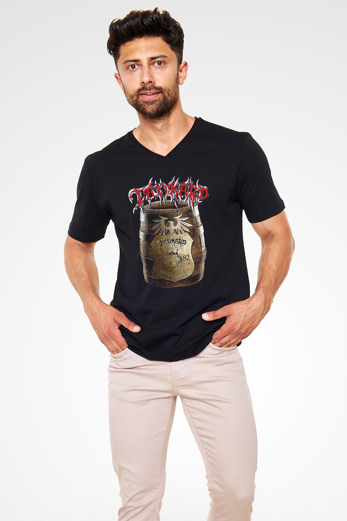 Tankard Baskılı Unisex Siyah V Yaka Tişört - Tshirt
