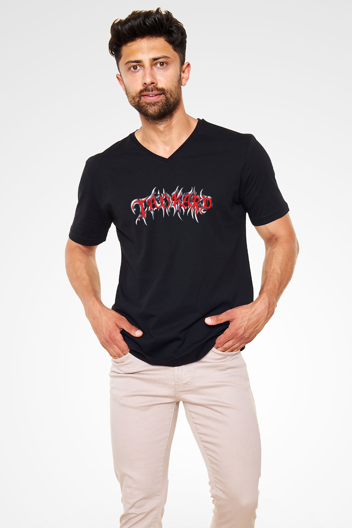 Tankard Baskılı Unisex Siyah V Yaka Tişört - Tshirt