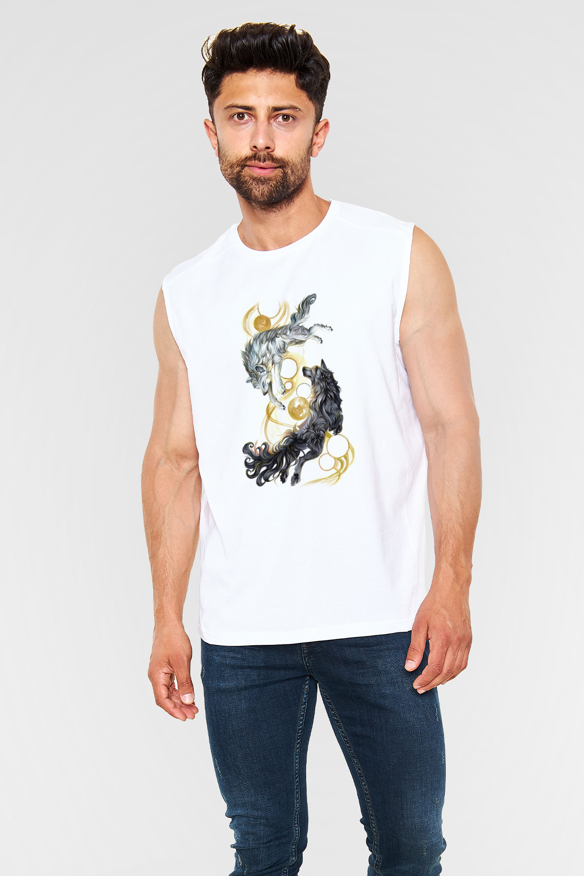 Tasarım Kurt Baskılı Unisex Beyaz  Kolsuz Tişört