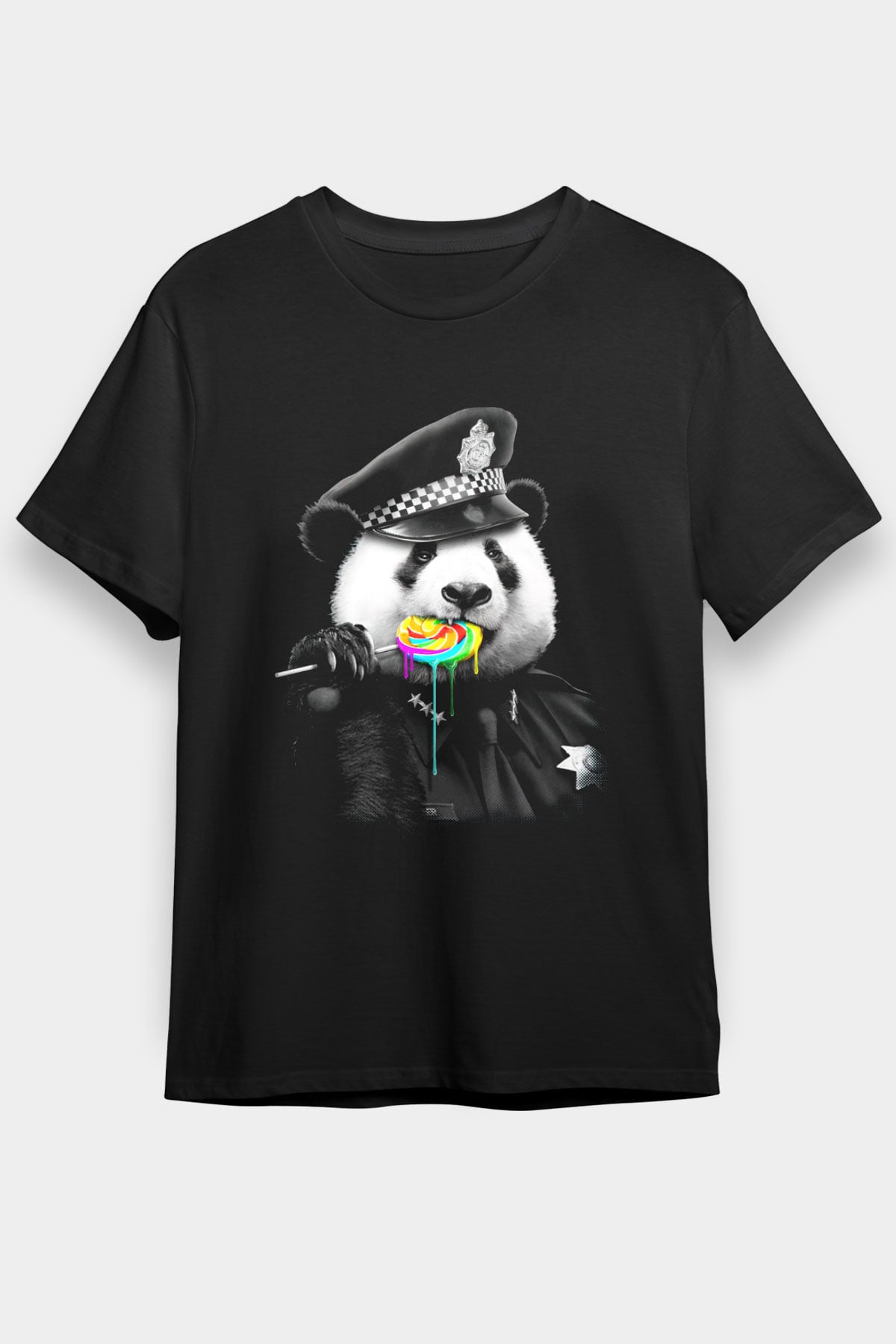 Şeker Yiyen Panda Baskılı Unisex Siyah Tişört
