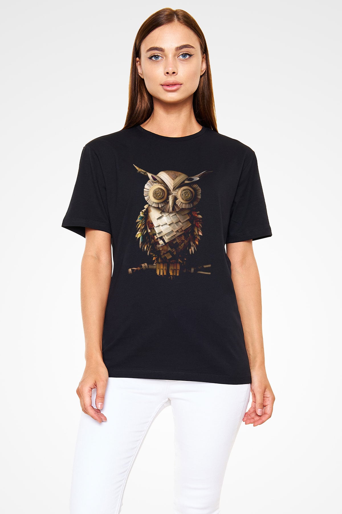 Gazete Kağıtlarından Baykuş Baskılı Unisex Siyah Tişört