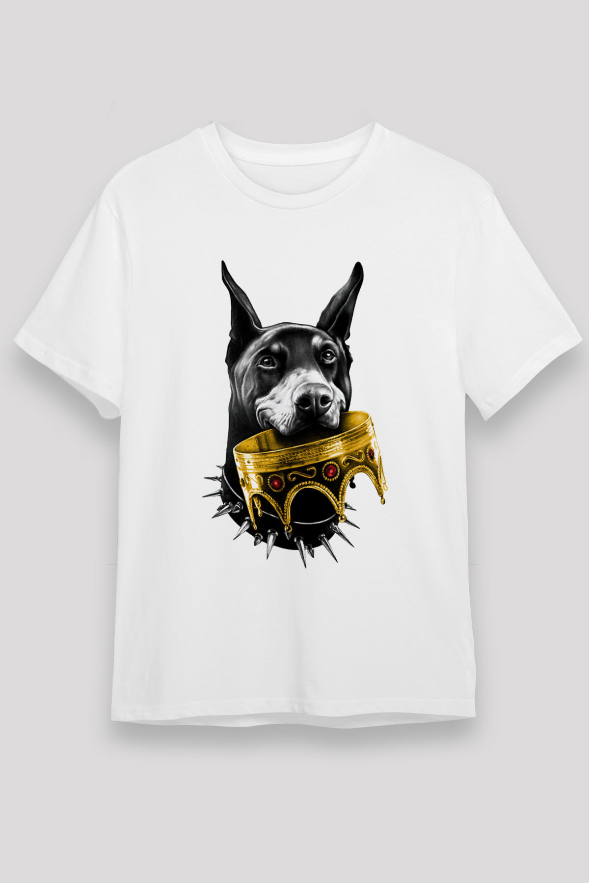 Kral Doberman Baskılı Unisex Beyaz Tişört