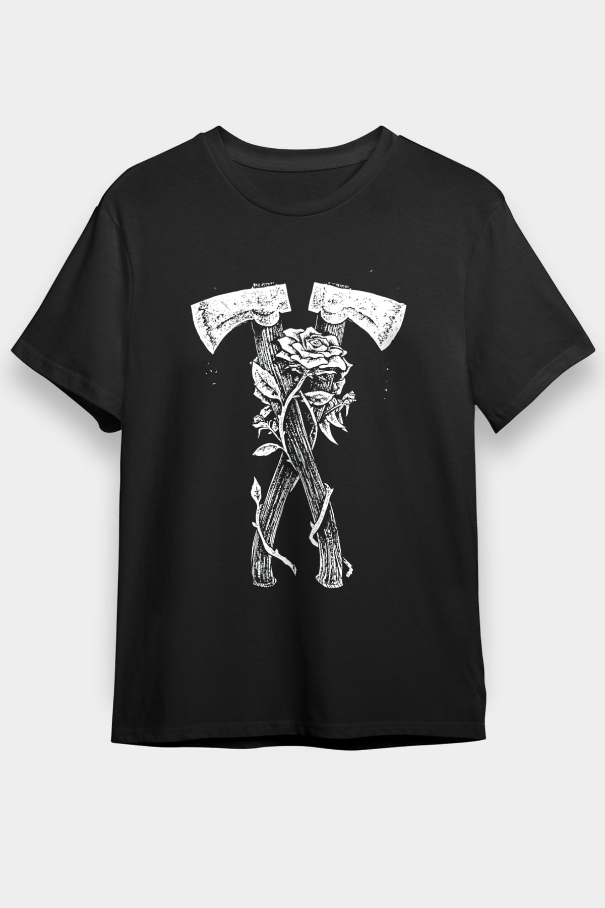 Baltalar ve Gül Baskılı Unisex Siyah Tişört
