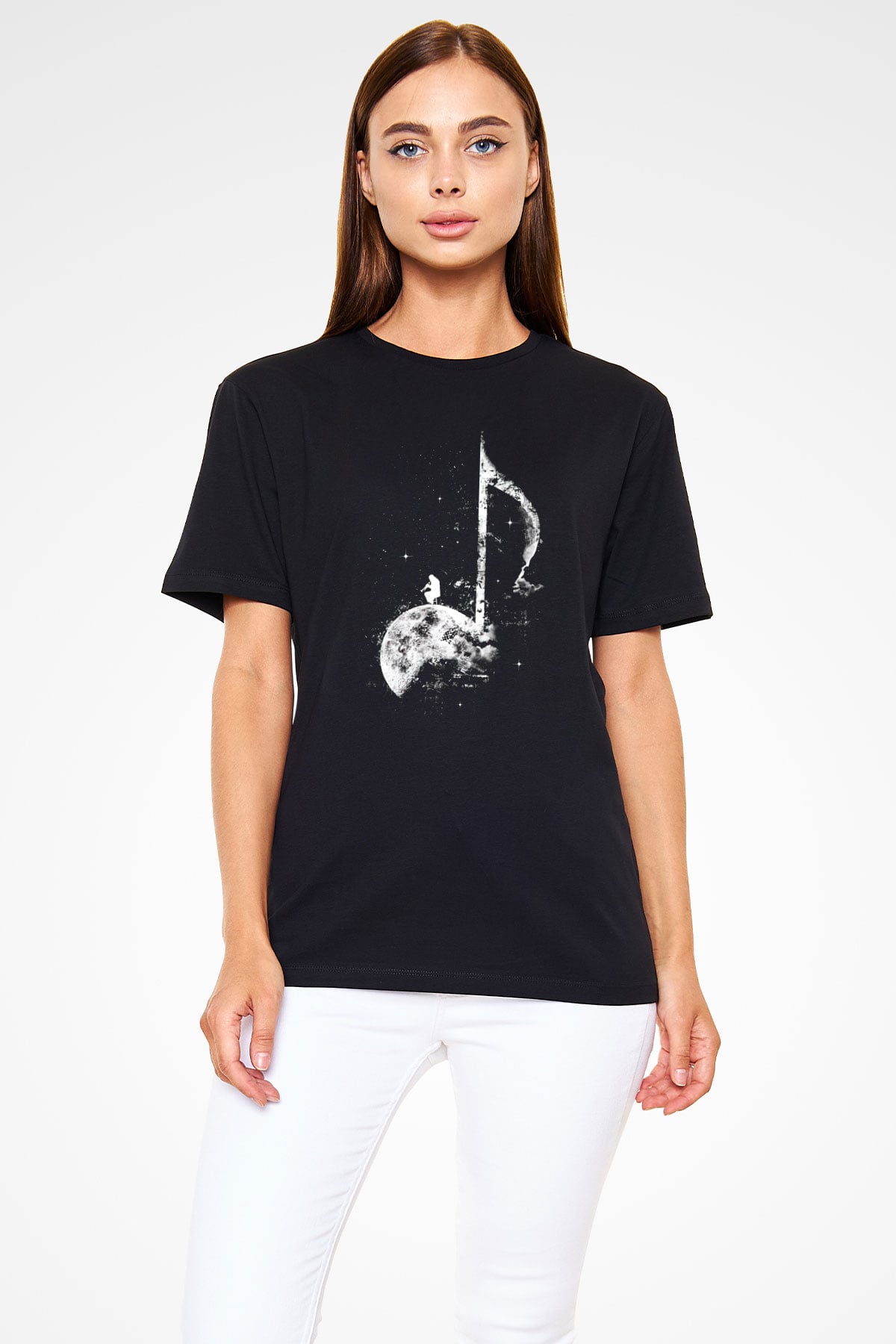 Notalı Ay Baskılı Unisex Siyah Tişört