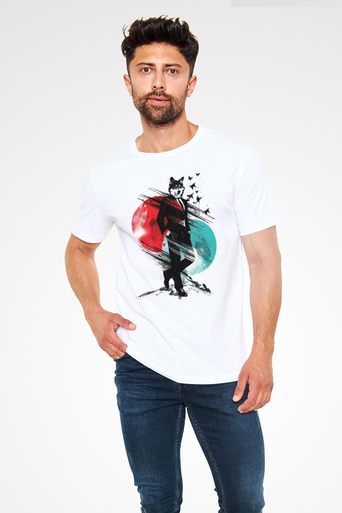 Kurt Baskılı Unisex Beyaz Tişört