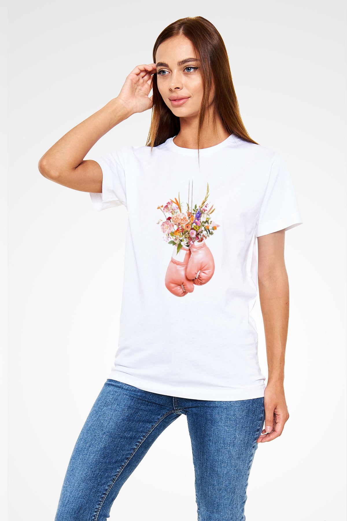 Pembe Boks Eldiveni Baskılı Unisex Beyaz Tişört