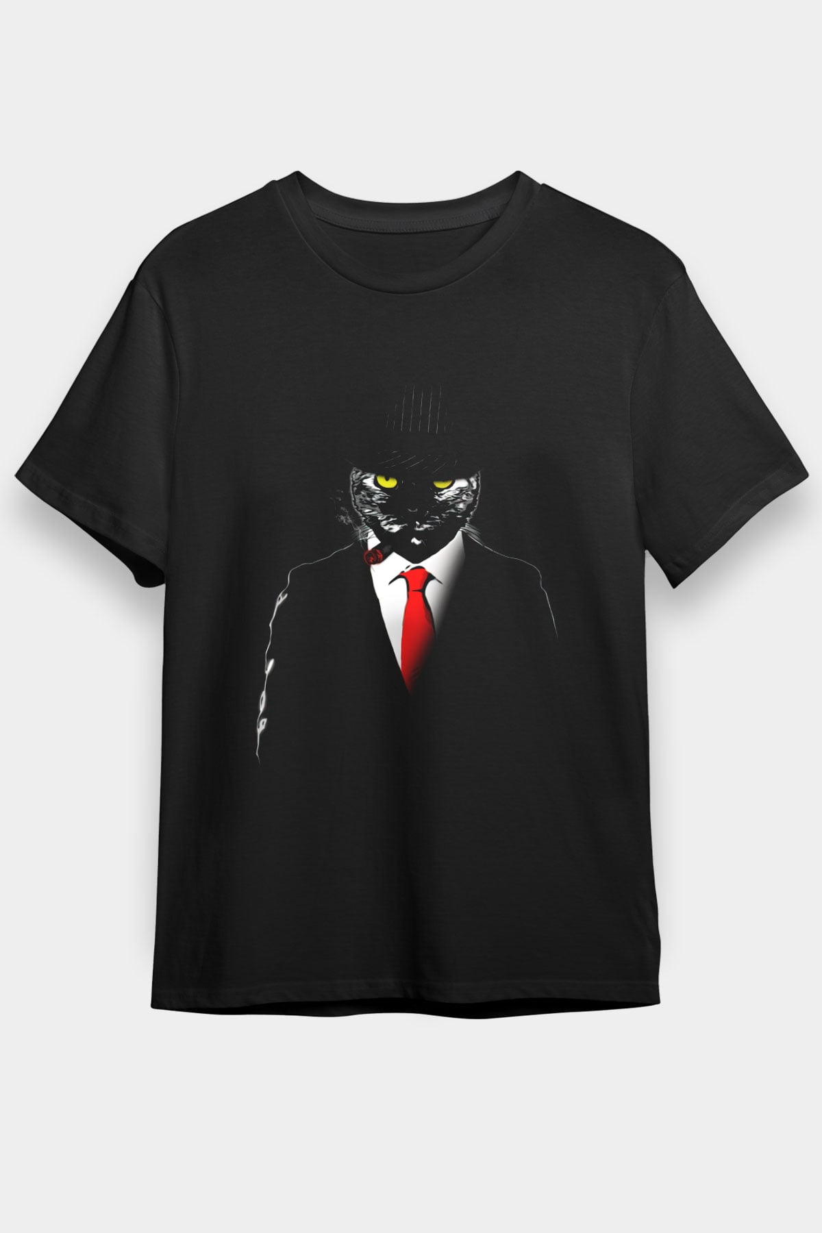 Takım Elbiseli Mafya Kedi Baskılı Unisex Siyah Tişört