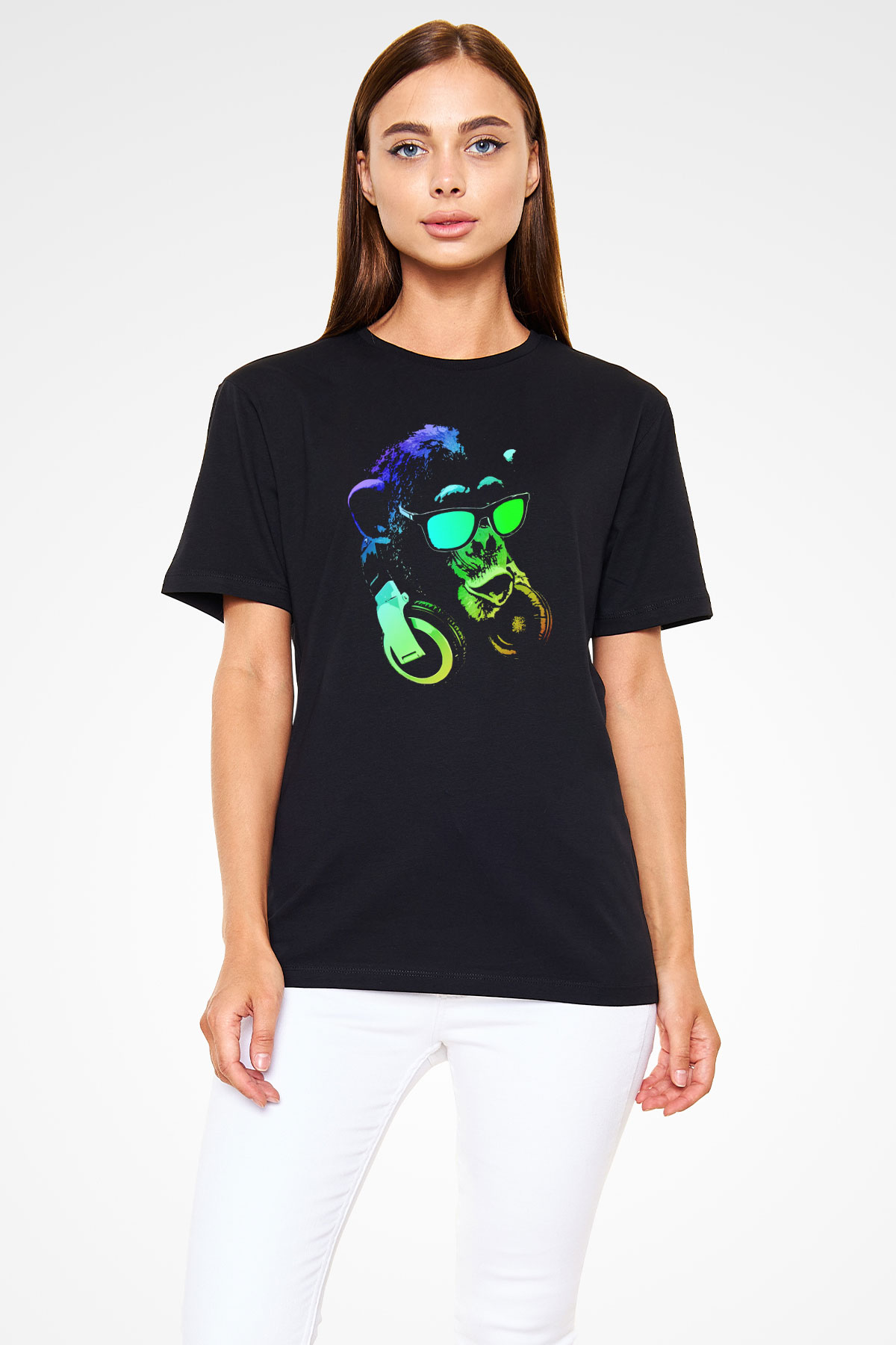 DJ Şempanze Baskılı Unisex Siyah Tişört