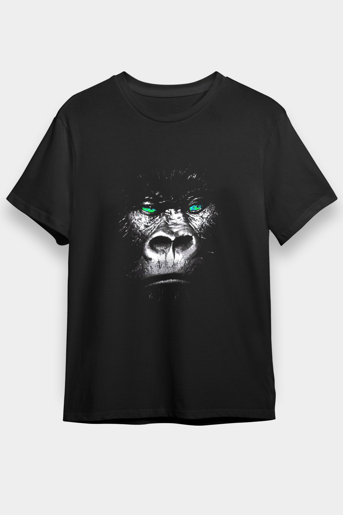Yeşil Gözlü Goril Baskılı Unisex Siyah Tişört