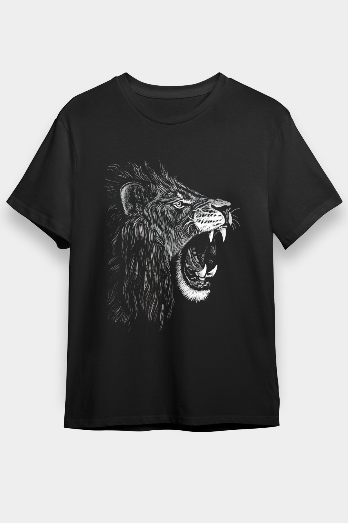 Kükreyen Aslan Baskılı Unisex Siyah Tişört