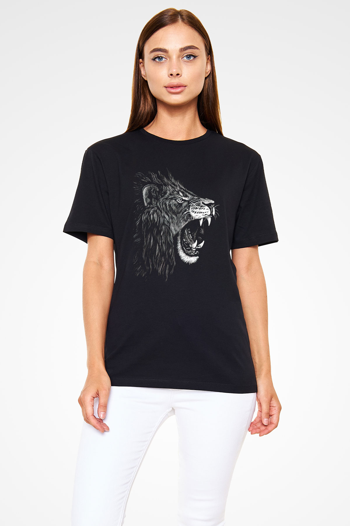 Kükreyen Aslan Baskılı Unisex Siyah Tişört