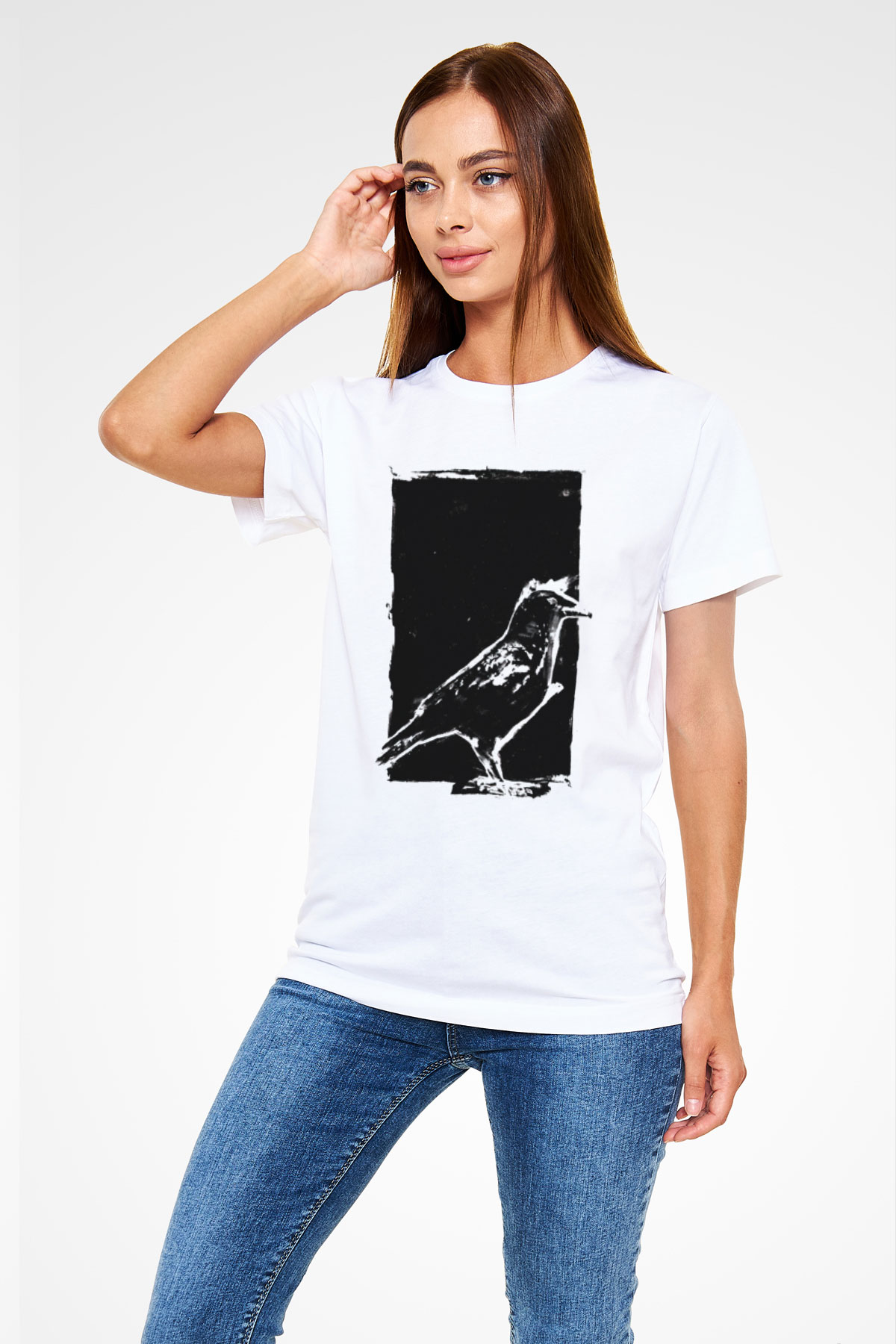 Siyah Karga Baskılı Unisex Beyaz Tişört