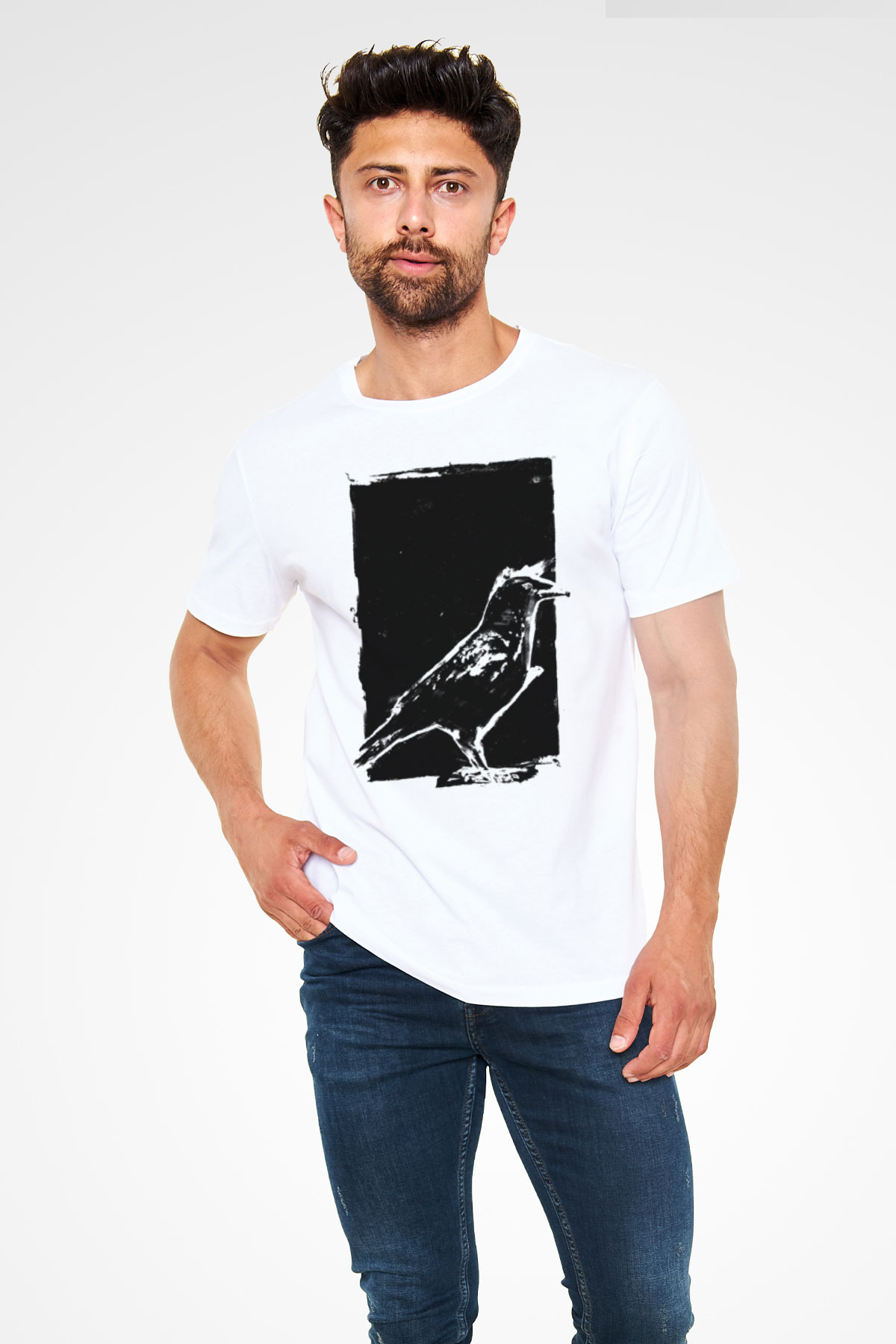 Siyah Karga Baskılı Unisex Beyaz Tişört