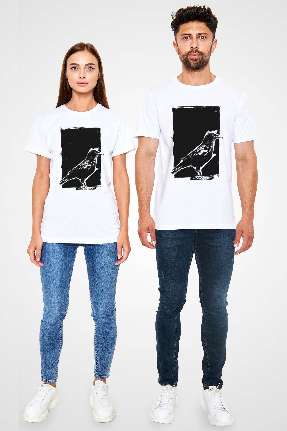 Siyah Karga Baskılı Unisex Beyaz Tişört