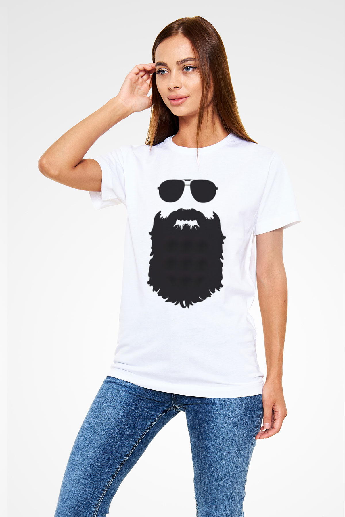 Uzun Sakal Baskılı Unisex Beyaz Tişört