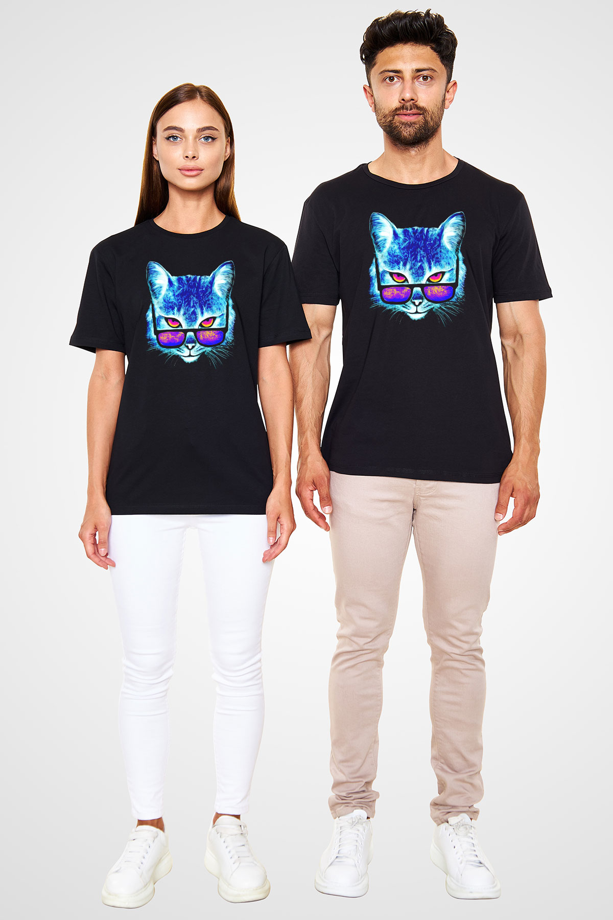 Gözlüklü Kedi Baskılı Unisex Siyah Tişört
