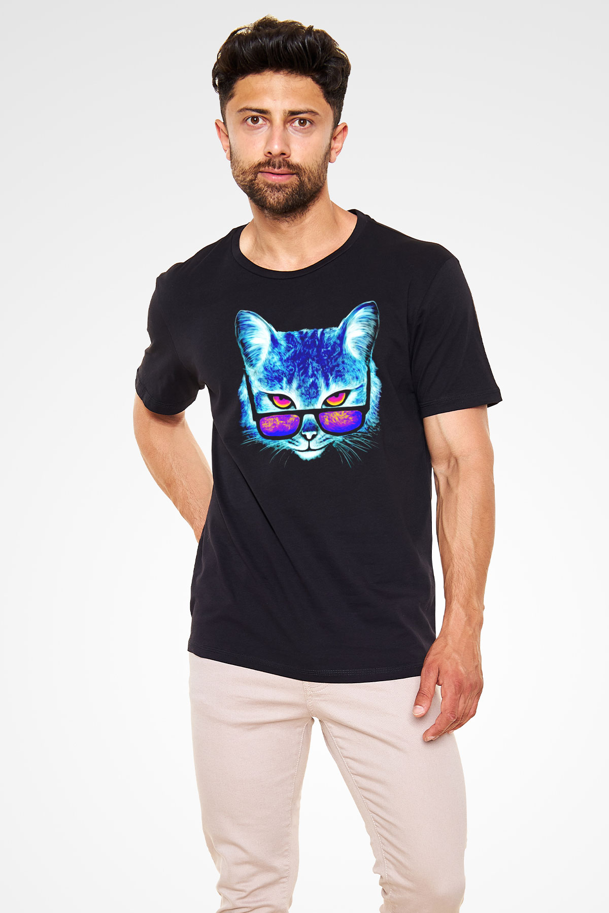 Gözlüklü Kedi Baskılı Unisex Siyah Tişört