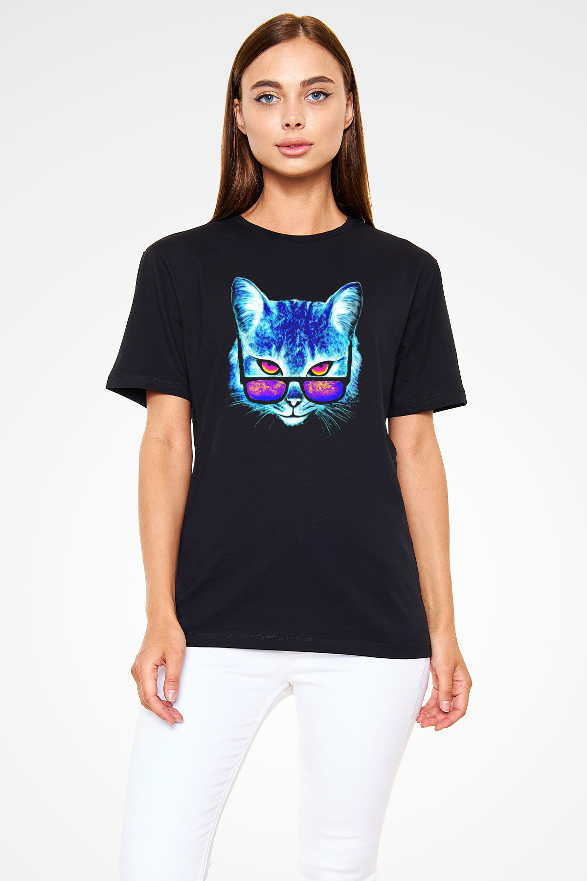 Gözlüklü Kedi Baskılı Unisex Siyah Tişört