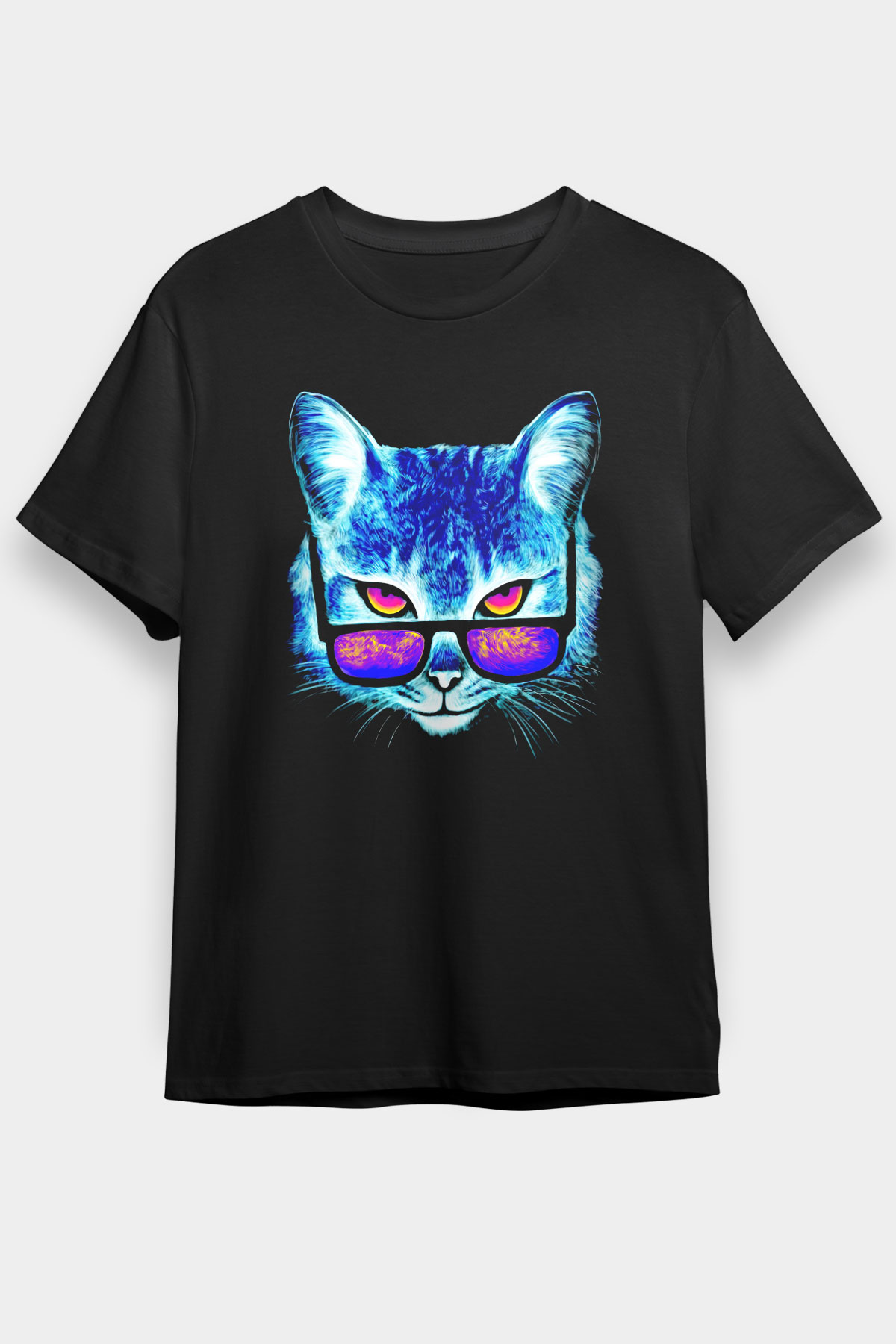 Gözlüklü Kedi Baskılı Unisex Siyah Tişört