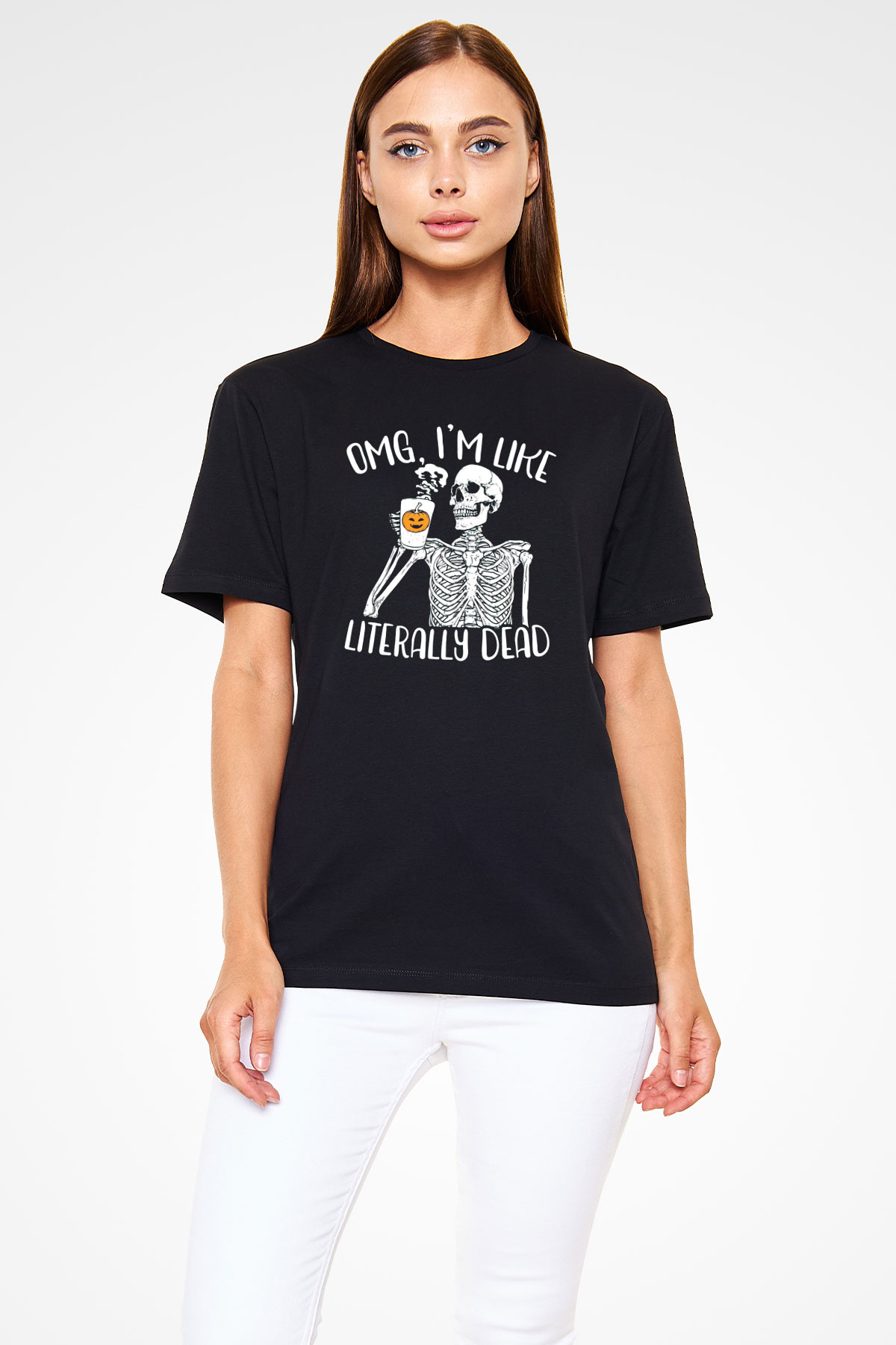 Kahve İçen İskelet Baskılı Unisex Siyah Tişört