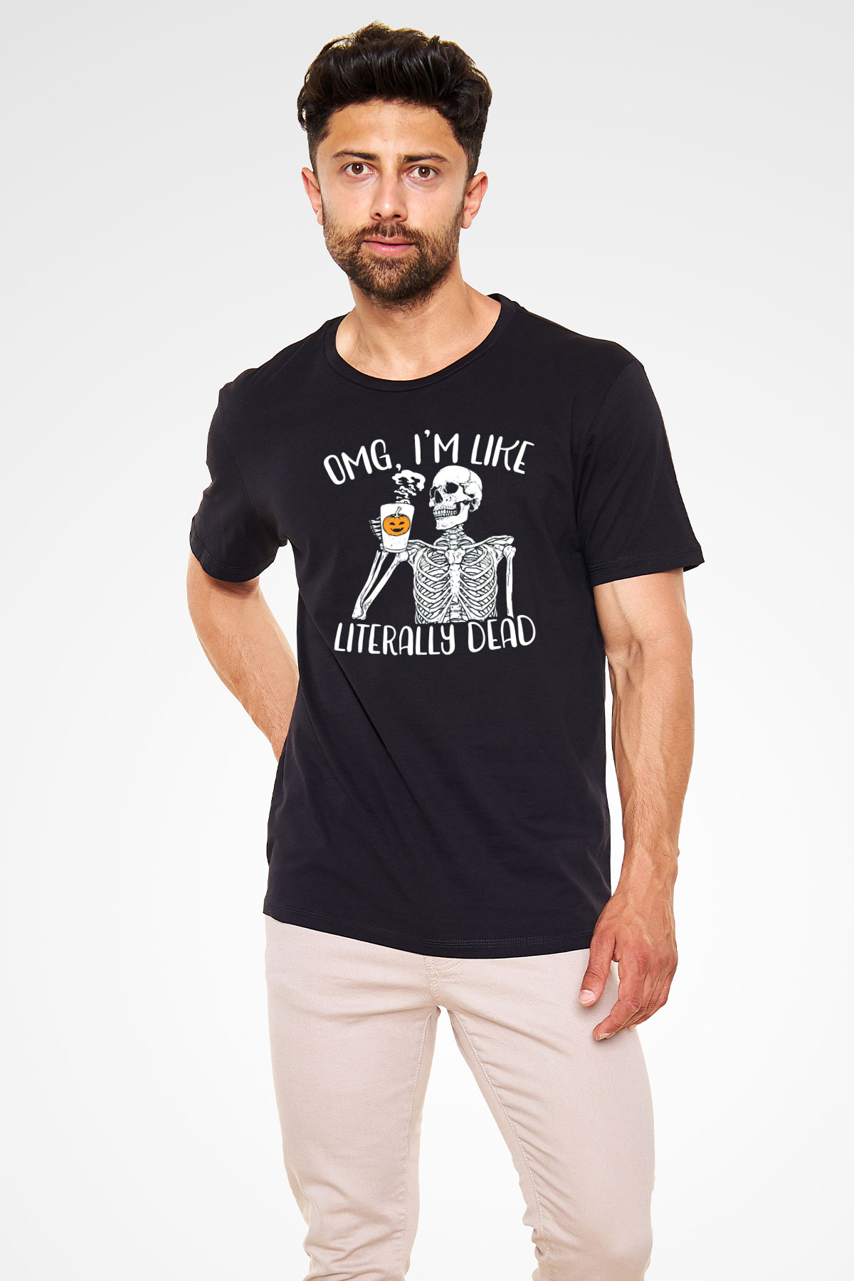 Kahve İçen İskelet Baskılı Unisex Siyah Tişört