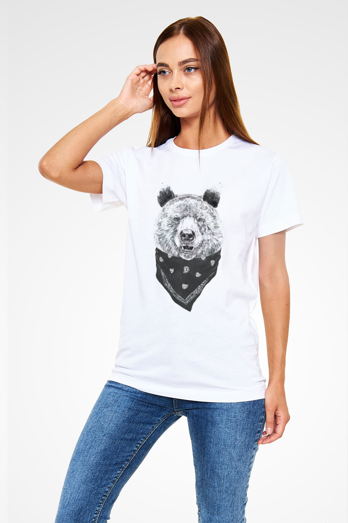 Bandanalı Panda Baskılı Unisex Beyaz Tişört