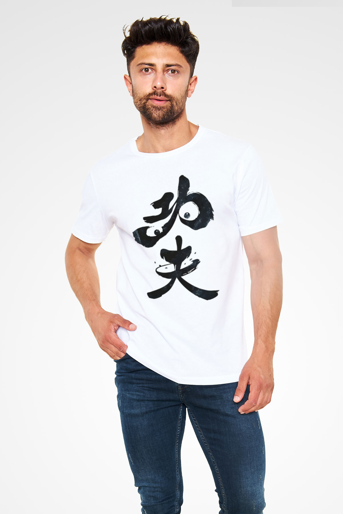 Samuray Panda Baskılı Unisex Beyaz Tişört
