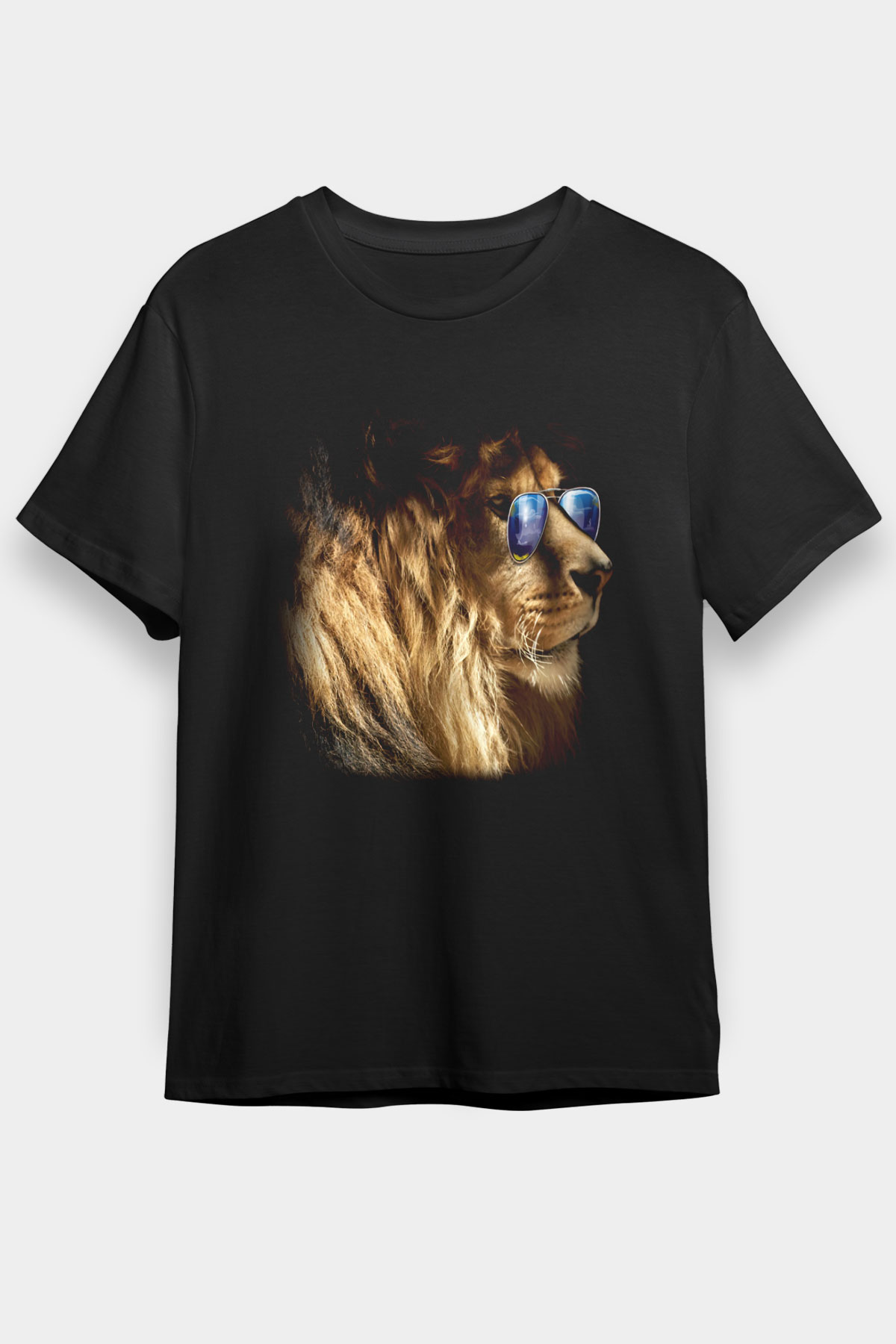 Gözlüklü Aslan Baskılı Unisex Siyah Tişört