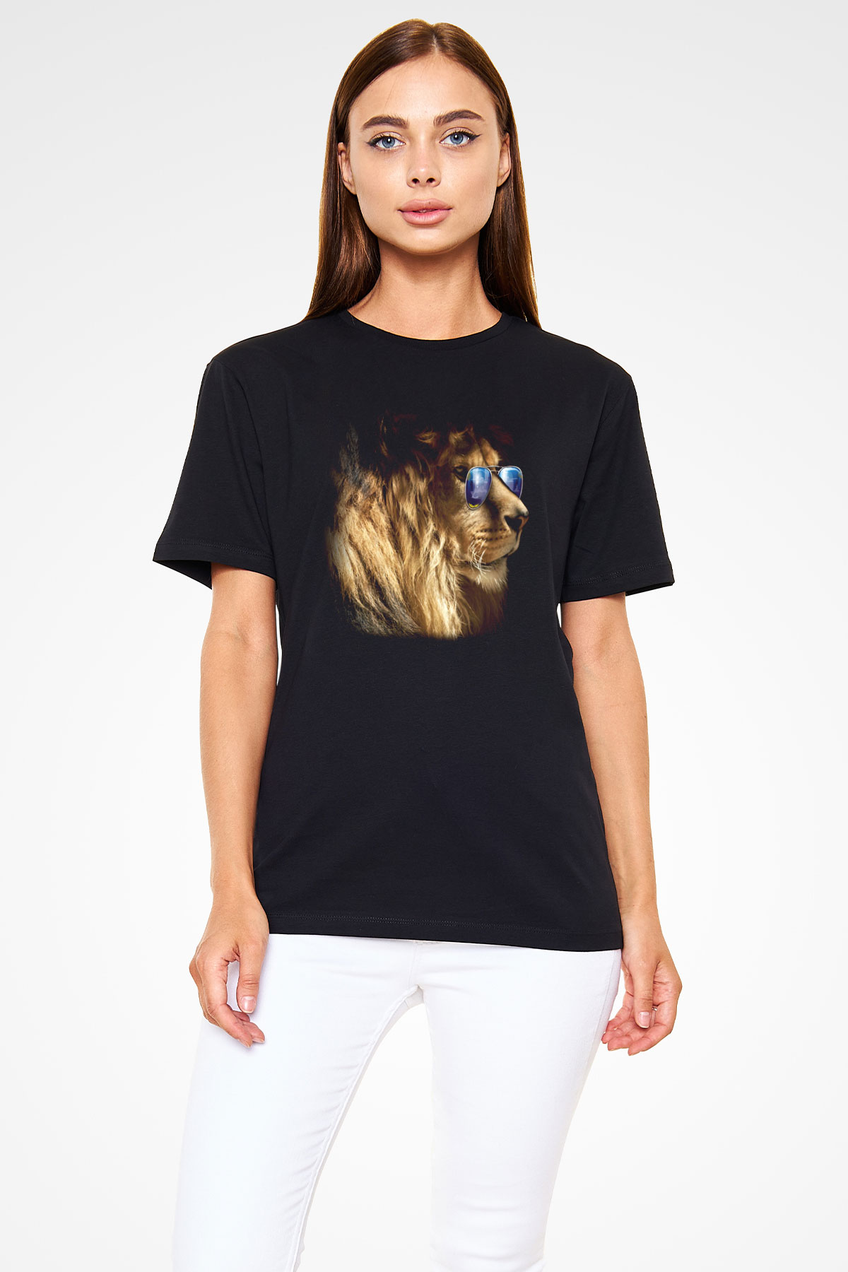 Gözlüklü Aslan Baskılı Unisex Siyah Tişört