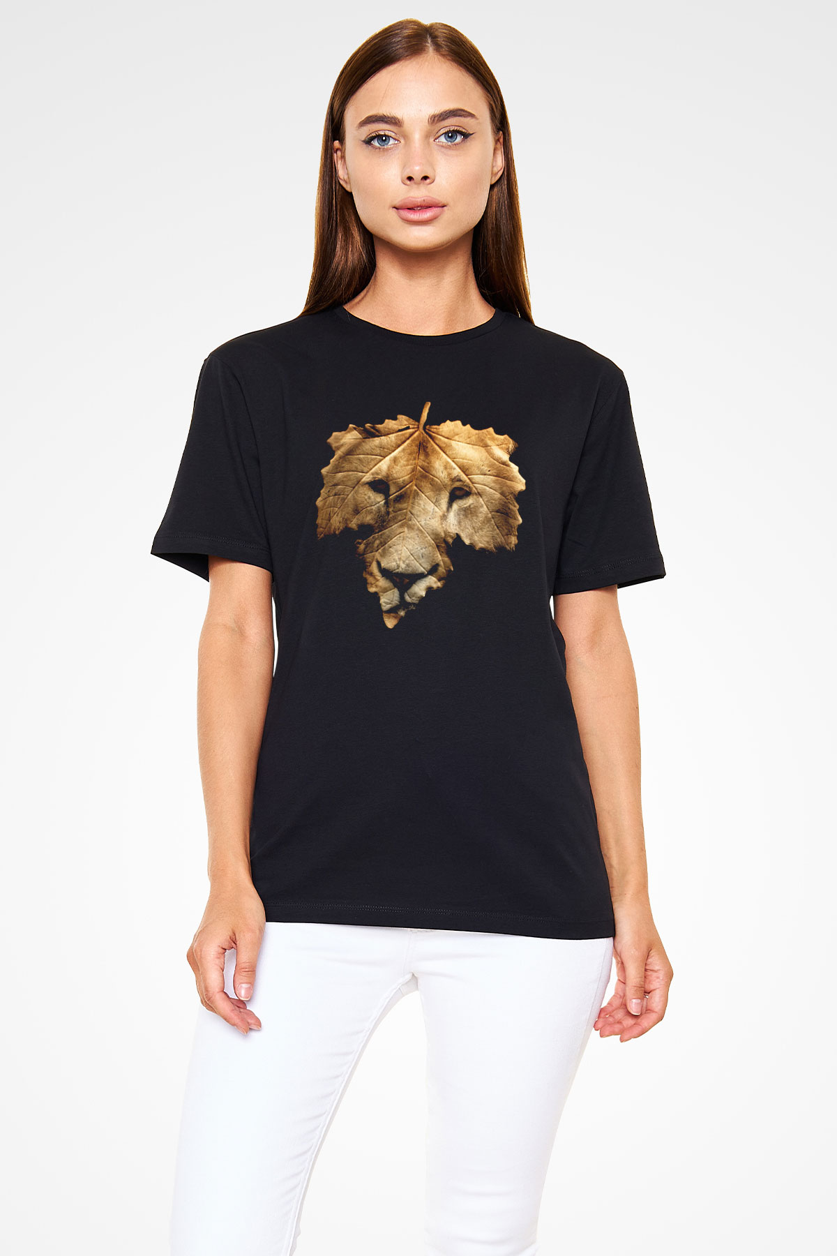 Yaprak ve Aslan Baskılı Unisex Siyah Tişört
