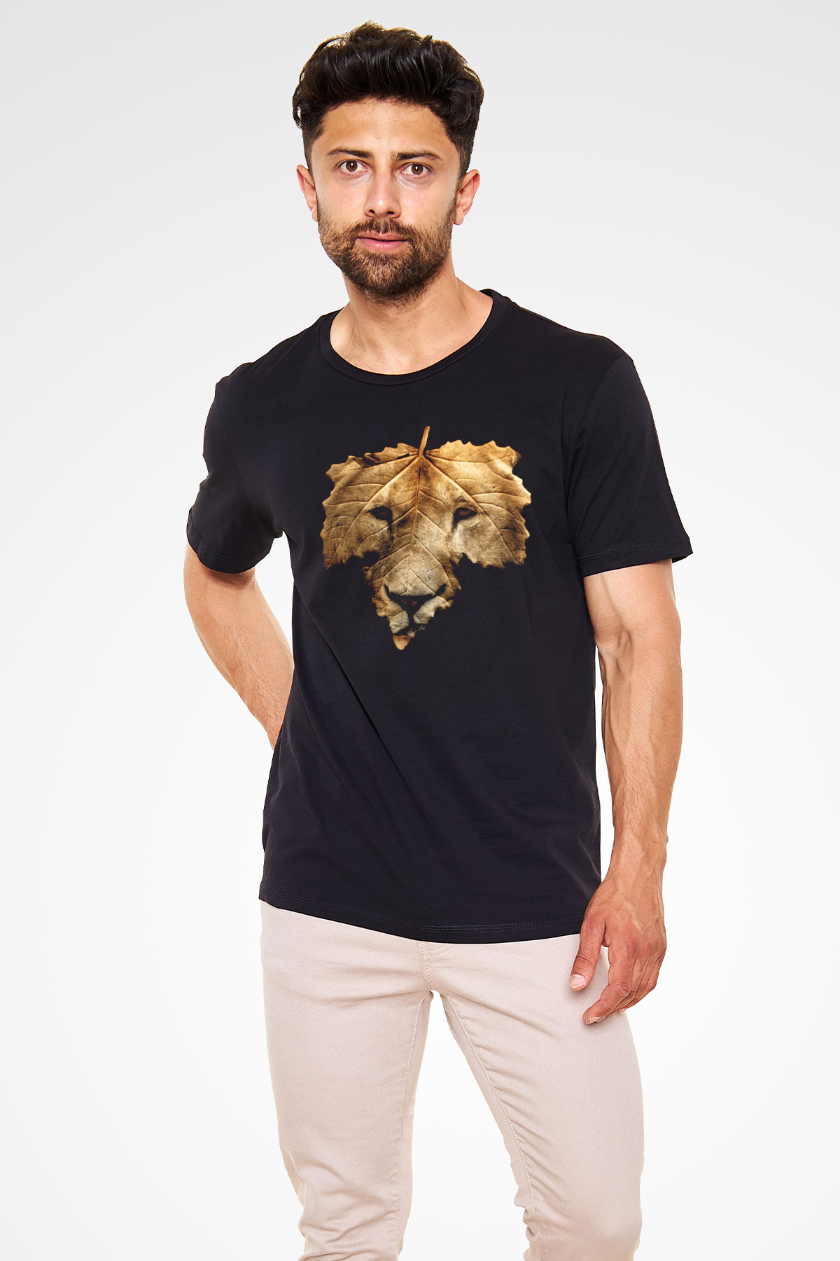 Yaprak ve Aslan Baskılı Unisex Siyah Tişört