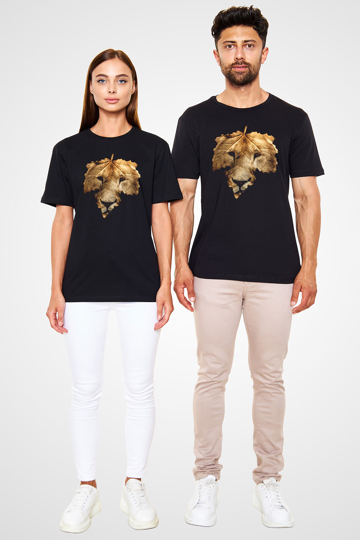 Yaprak ve Aslan Baskılı Unisex Siyah Tişört