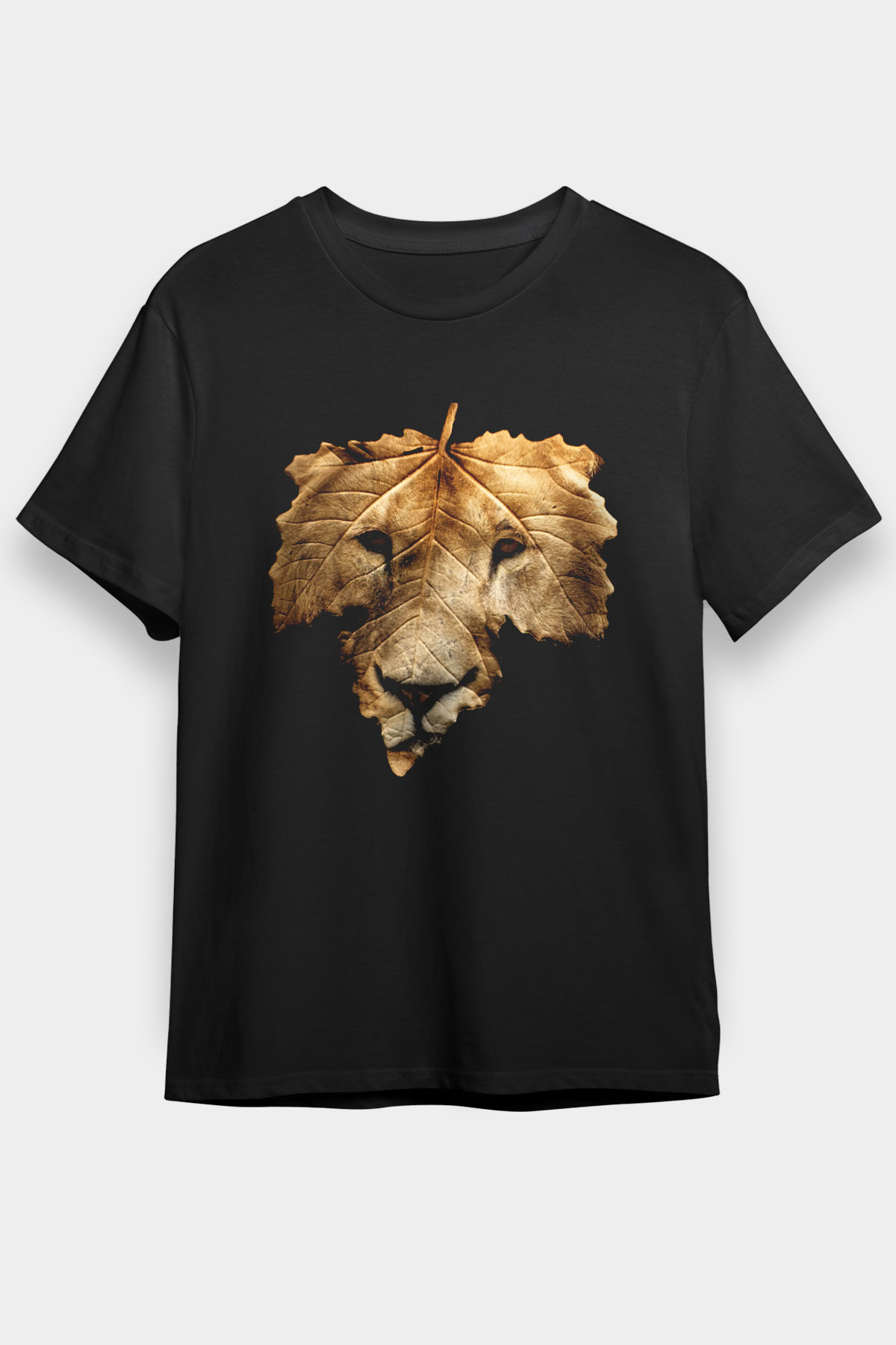 Yaprak ve Aslan Baskılı Unisex Siyah Tişört