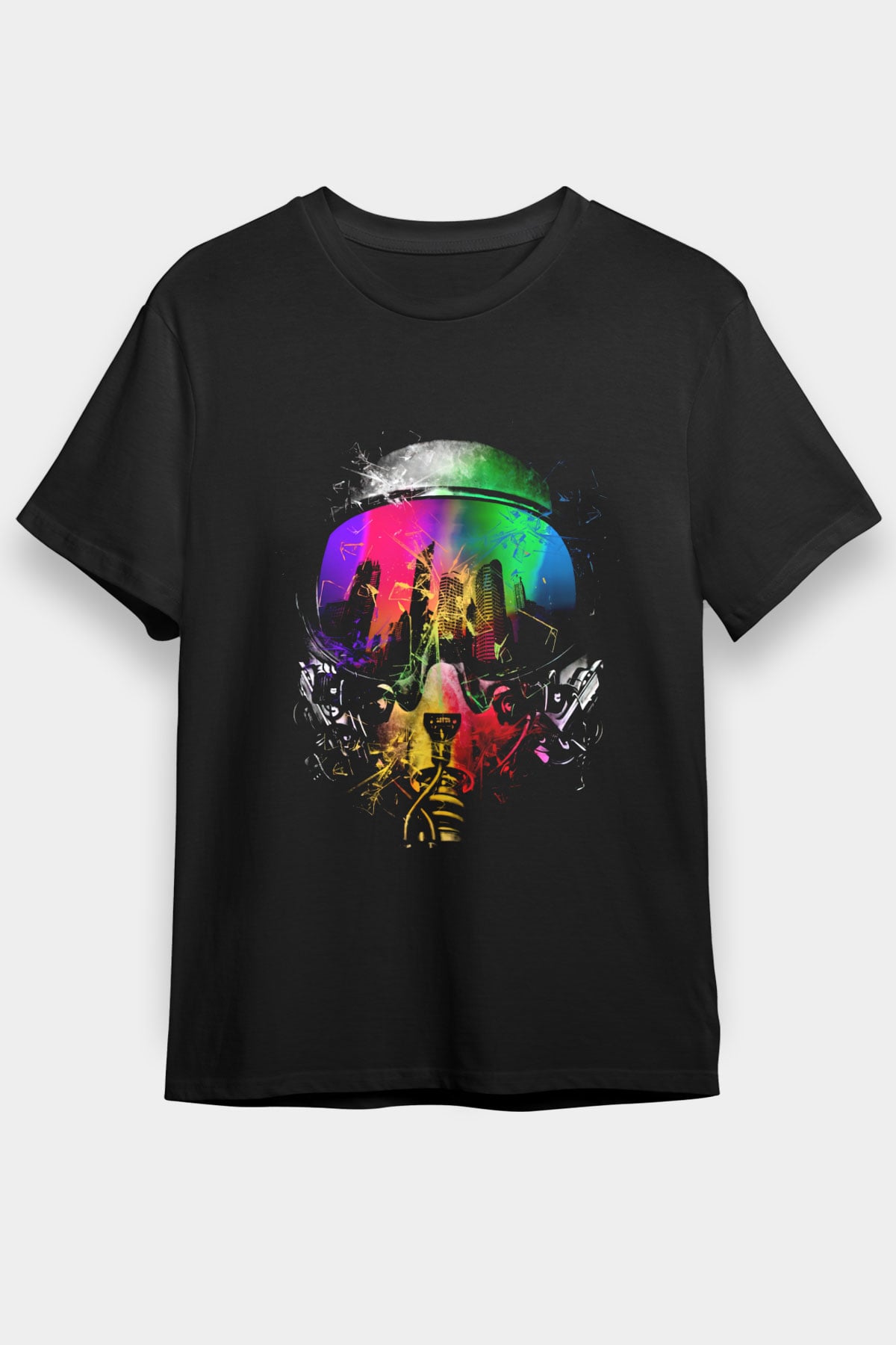 Renkli Pilot Kaskı Baskılı Unisex Siyah Tişört