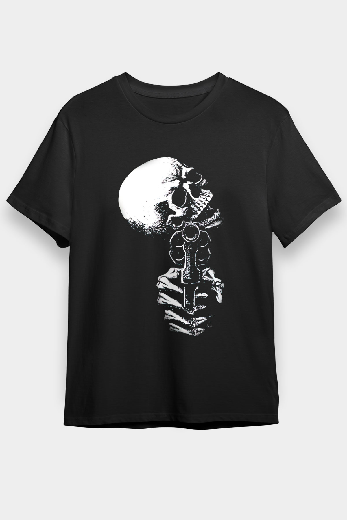 Silah Çeken Kuru Kafa Baskılı Unisex Siyah Tişört