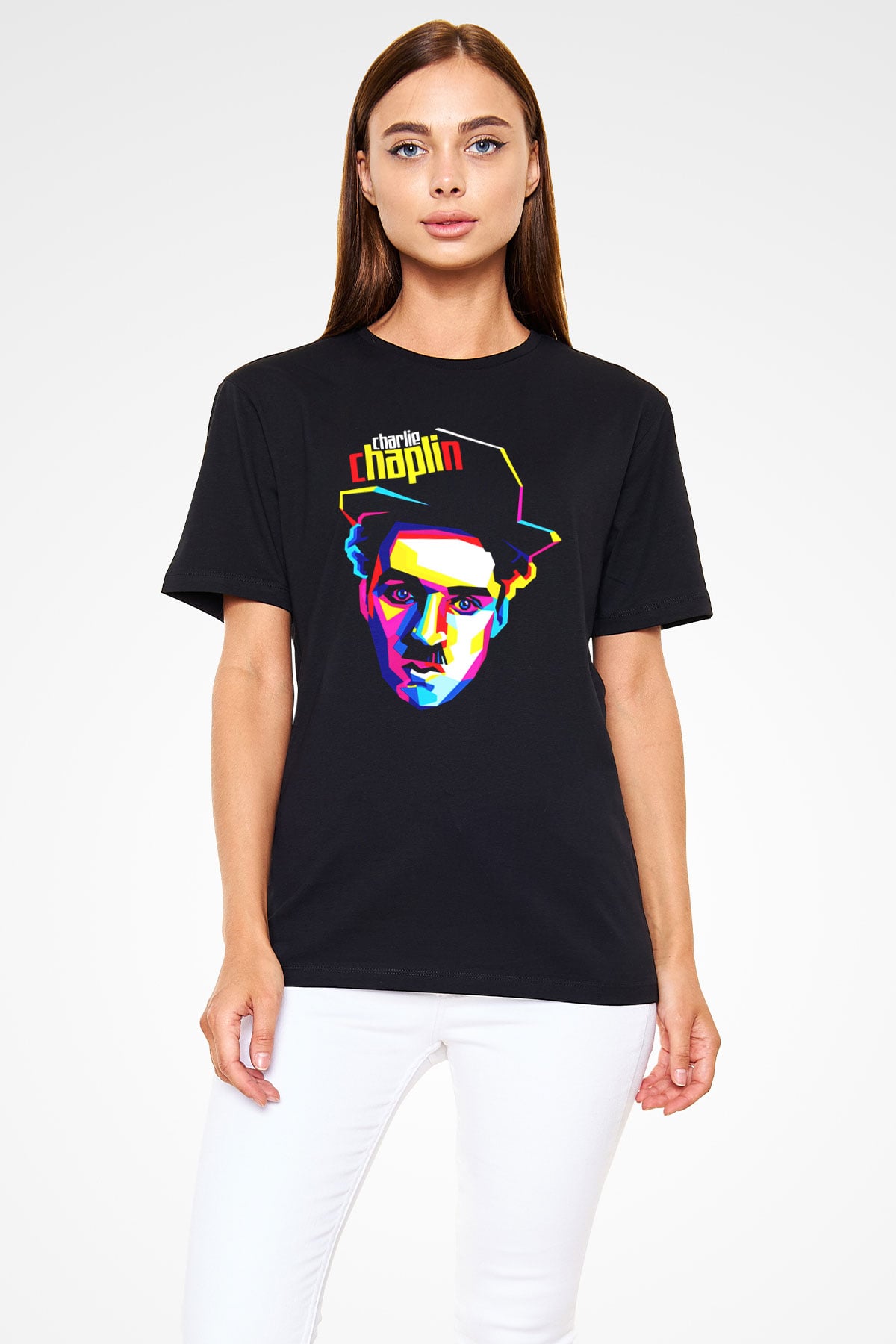 Renkli Charlie Chaplin Baskılı Unisex Siyah Tişört