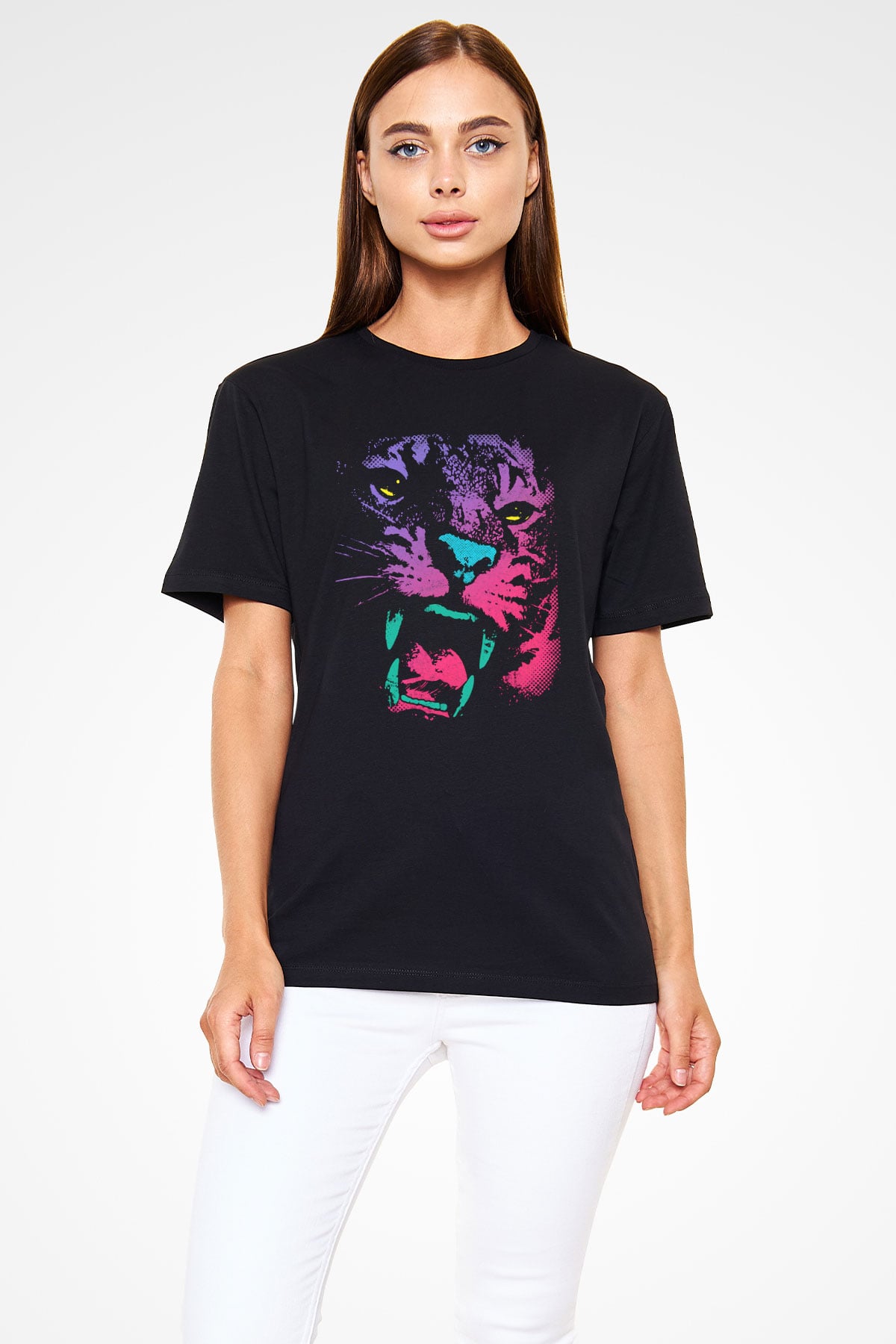 Mor Renkli Kaplan Baskılı Unisex Siyah Tişört