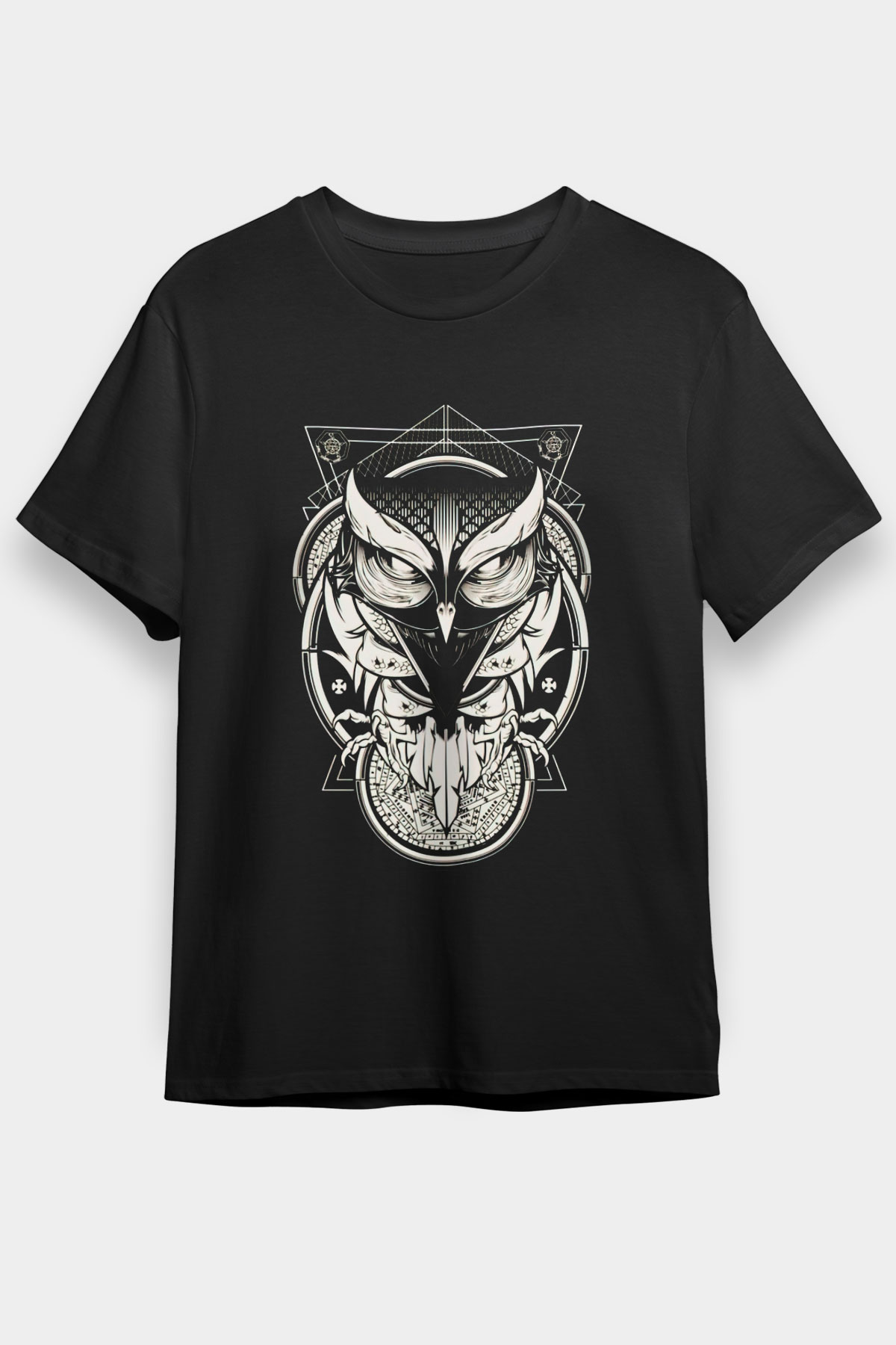 Baykuş Baskılı Unisex Siyah Tişört