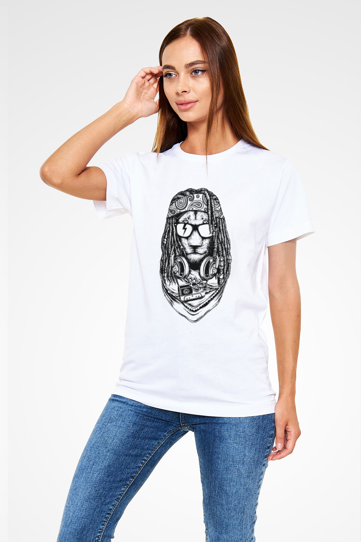 Hippi Kaplan Baskılı Unisex Beyaz Tişört