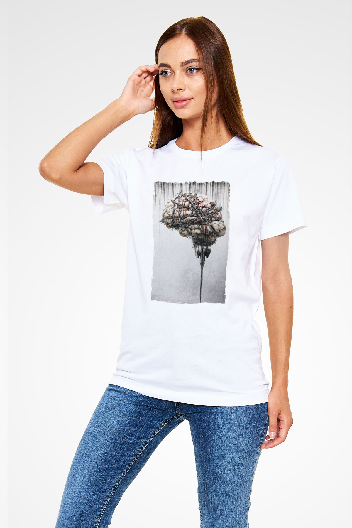Beyin Baskılı Unisex Beyaz Tişört