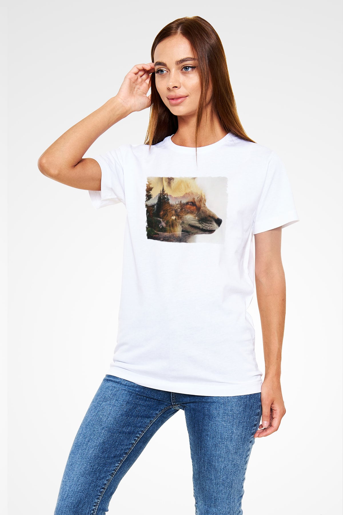 Tilki Baskılı Unisex Beyaz Tişört