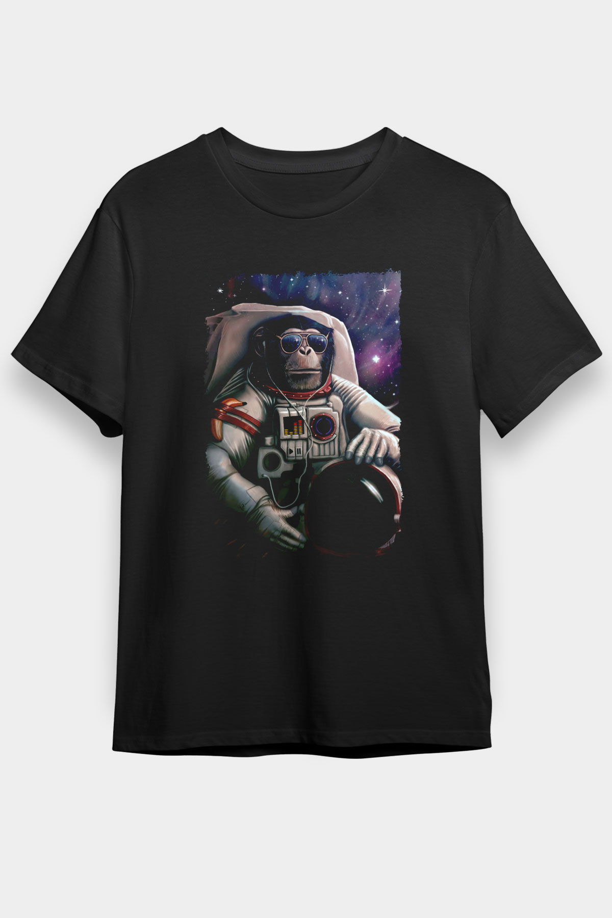 Astronot Maymun Baskılı Unisex Siyah Tişört