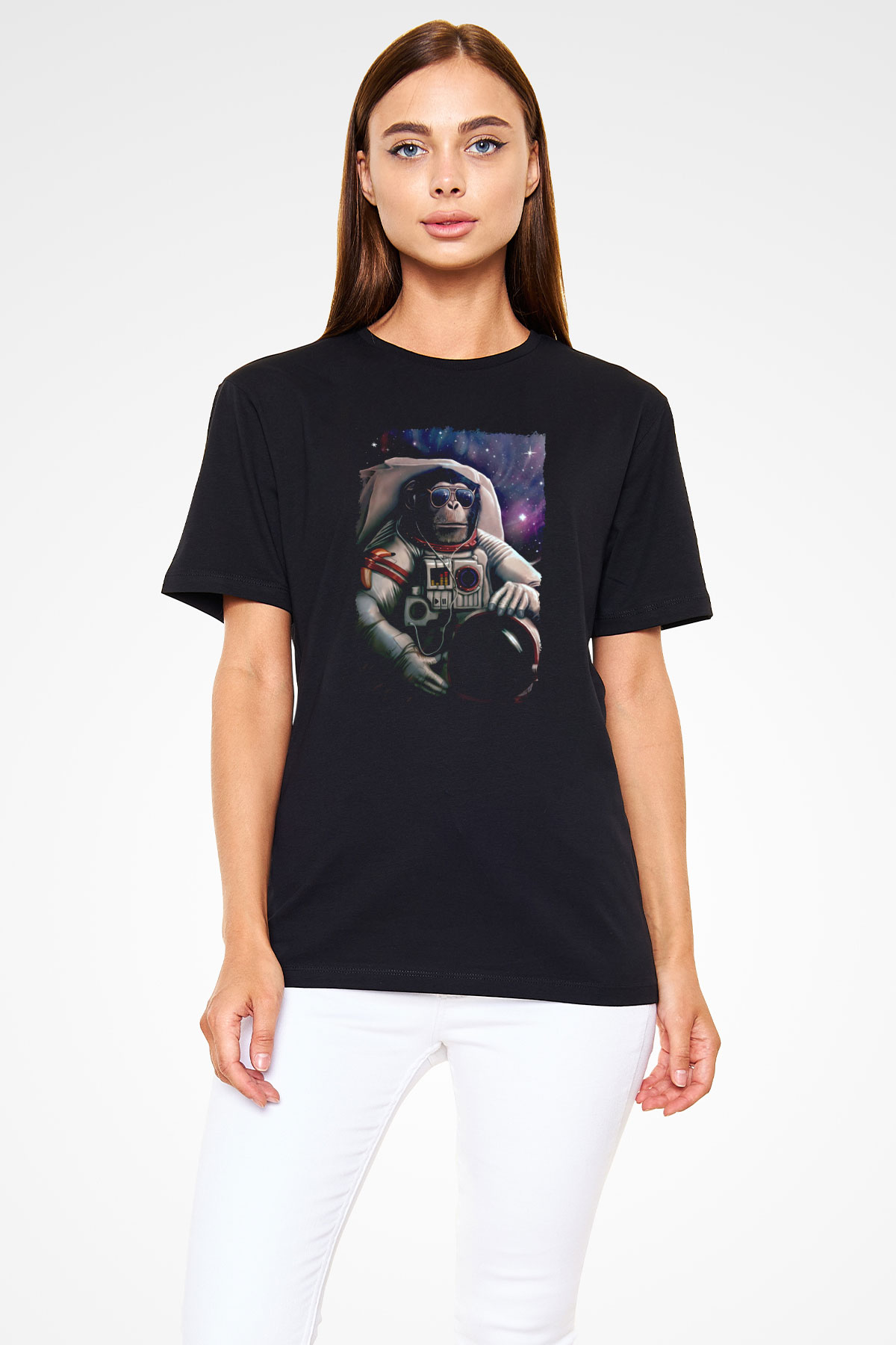 Astronot Maymun Baskılı Unisex Siyah Tişört