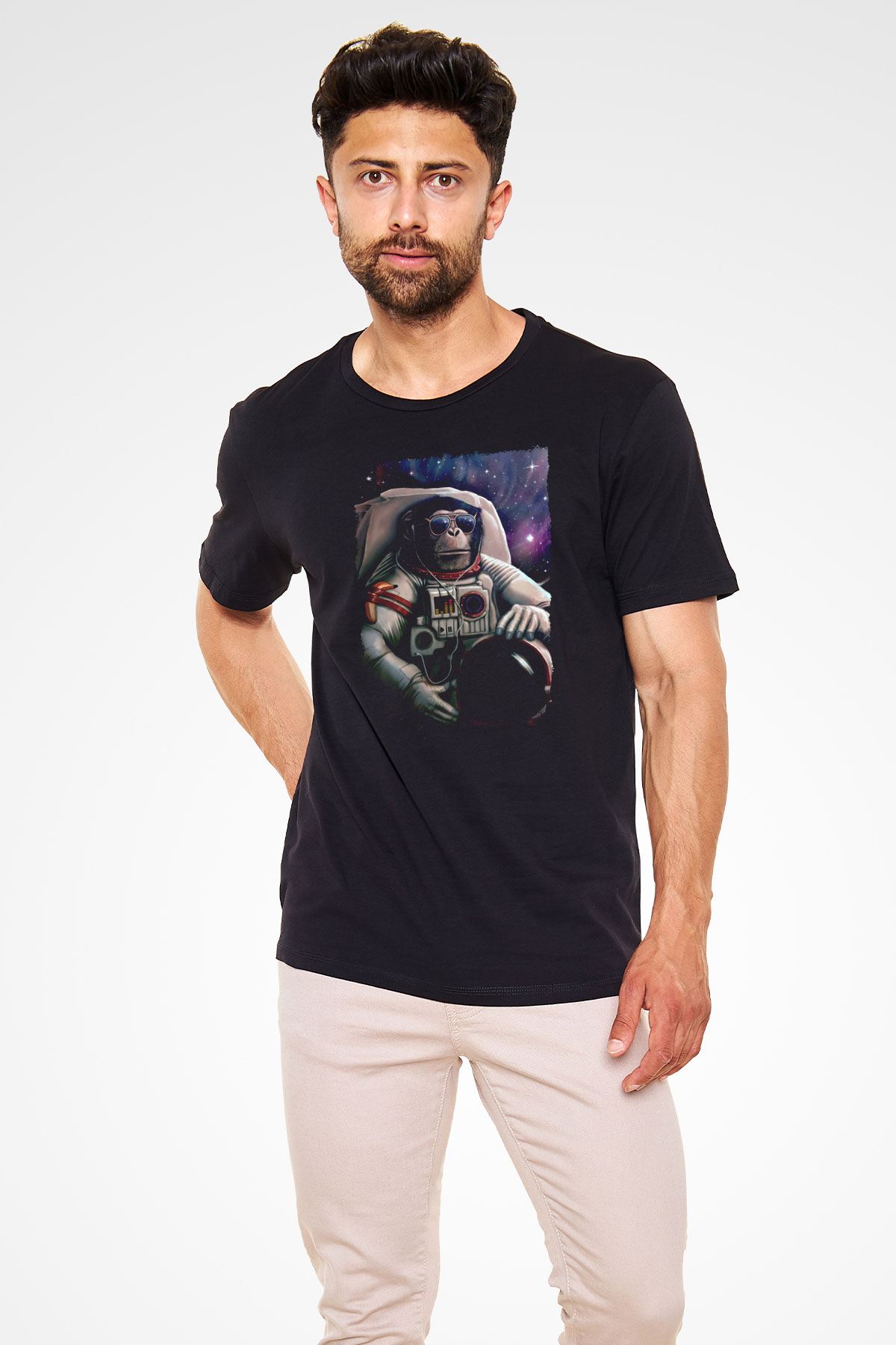 Astronot Maymun Baskılı Unisex Siyah Tişört