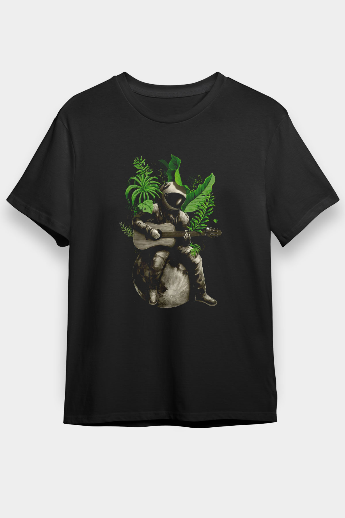 Gitarist Astronot Baskılı Unisex Siyah Tişört